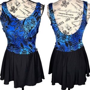 Inches Away Black Blue Print One Piece Swimsuit Swim Dress Size 12 Slimming